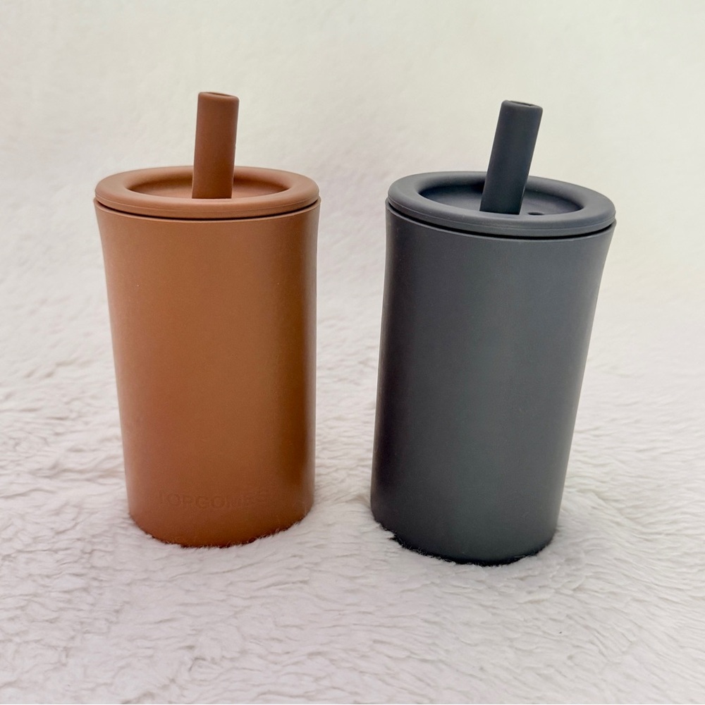 Topgomes Silicone Toddler Straw Cup 7oz Capacity Set of 2 Clay Tan Dark Gray